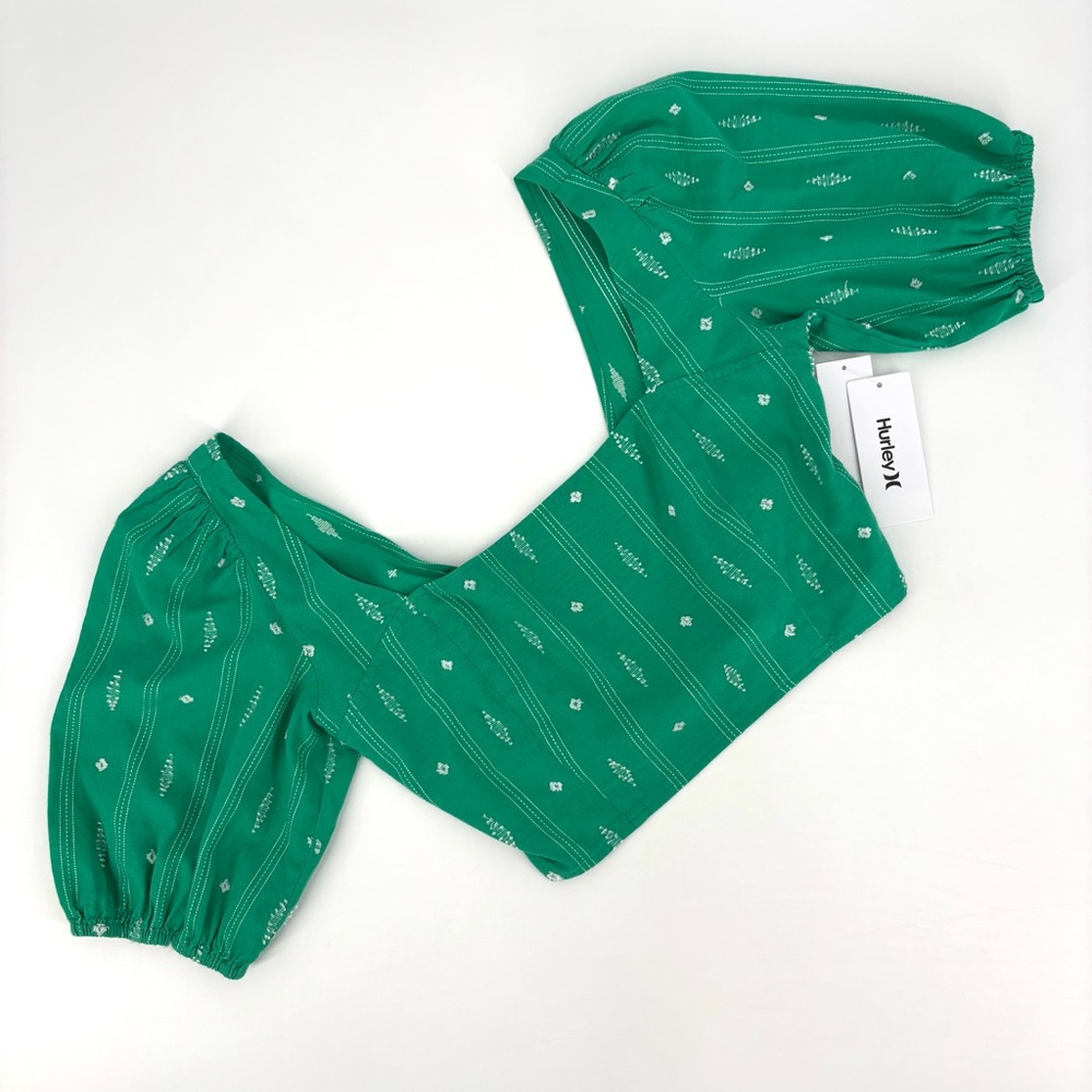 Hurley NWT Green Diamond Jacquard Embroidered Puff Sleeve Crop Top, Medium